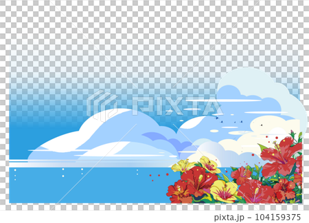 夏の雲が広がるハイビスカスの花が咲く南国のリゾート 104159375