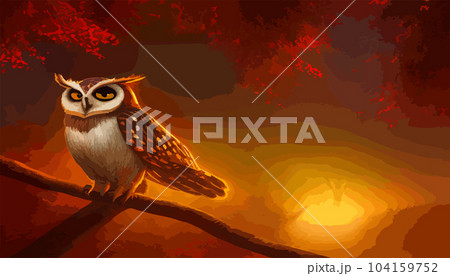 Owl. Realistic bird on dark moon forest background. Dark night background. autumn fairy tale art. Fashion template for clothes vector cartoon style owl Owl. Realistic bird on dark moon forest background. Dark night background. autumn fairy tale art. Fashion template for clothes vector cartoon style owl 104159752