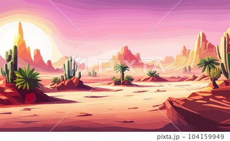 Desert background Summer with sun, sand, clouds, palms Trees Vector design style Nature Landscape. illustration desert oasis with cacti. Cacti flowers coming out of the ground with sand hills banner Desert background Summer with sun, sand, clouds, palms Trees Vector design style Nature Landscape. illustration desert oasis with cacti. Cacti flowers coming out of the ground with sand hills banner 104159949
