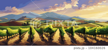Rural landscape with a beautiful view of distant fields and hills vector illustration 104160026