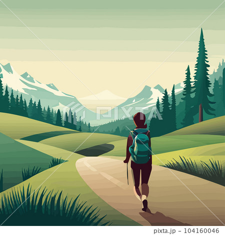 Adventure woman hiker enjoying hiking in mountains with nordic poles backpack flat vector illustration. Woman traveler travels with backpack. Happy tourist girl is ready for adventure. flat vector Adventure woman hiker enjoying hiking in mountains with nordic poles backpack flat vector illustration. Woman traveler travels with backpack. Happy tourist girl is ready for adventure. flat vector 104160046