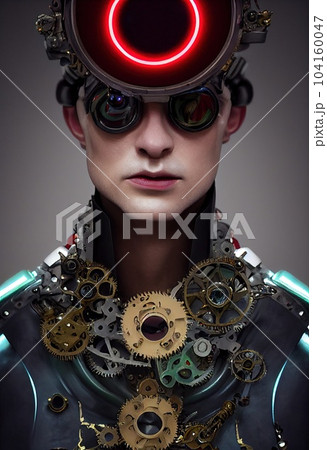 A fictional person, not based on a real person. Portrait of a vintage robot. An artistic abstract steampunk fantasy. Concept of a retro robot. 3d rendering 104160047