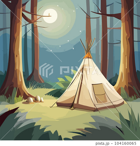 Tourist summer camping. Vector illustration of tents. Camping on a clearing in the forest. Flat style. Summer camp, nature tourism, camping, hiking, trekking 104160065