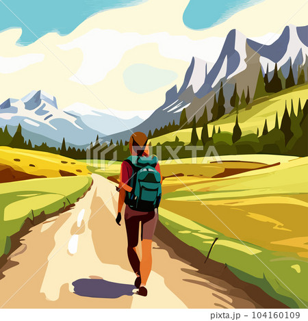 Adventure woman hiker enjoying hiking in mountains with nordic poles backpack flat vector illustration. Woman traveler travels with backpack. Happy tourist girl is ready for adventure. flat vector 104160109