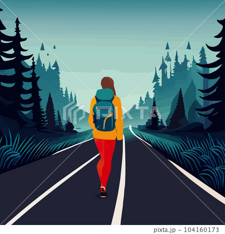 Adventure woman hiker enjoying hiking in mountains with nordic poles backpack flat vector illustration. Woman traveler travels with backpack. Happy tourist girl is ready for adventure. flat vector Adventure woman hiker enjoying hiking in mountains with nordic poles backpack flat vector illustration. Woman traveler travels with backpack. Happy tourist girl is ready for adventure. flat vector 104160173