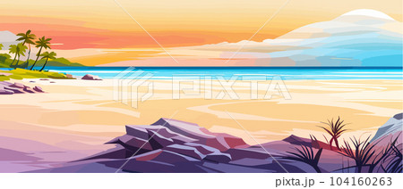 Top view of the summer sea beach. Top view of the ocean beach with soft waves. Beautiful background with shells on the sea sand. Vector illustration with plant shadows. with copy space banner Top view of the summer sea beach. Top view of the ocean beach with soft waves. Beautiful background with shells on the sea sand. Vector illustration with plant shadows. with copy space banner 104160263