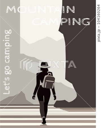 Woman against backdrop mountain looking. Travel concept discovering, exploring Woman against backdrop mountain looking. Travel concept discovering, exploring 104160264