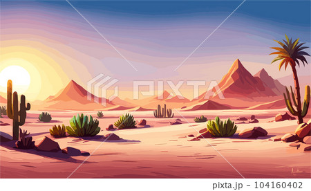 Desert background Summer with sun, sand, clouds, palms Trees Vector design style Nature Landscape. illustration desert oasis with cacti. Cacti flowers coming out of the ground with sand hills banner Desert background Summer with sun, sand, clouds, palms Trees Vector design style Nature Landscape. illustration desert oasis with cacti. Cacti flowers coming out of the ground with sand hills banner 104160402