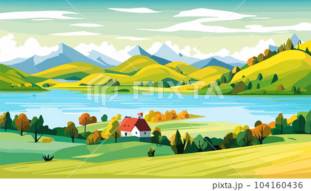Vector illustration of a house in a rural area surrounded by panoramic meadows, mountains, and idyllic countryside 104160436