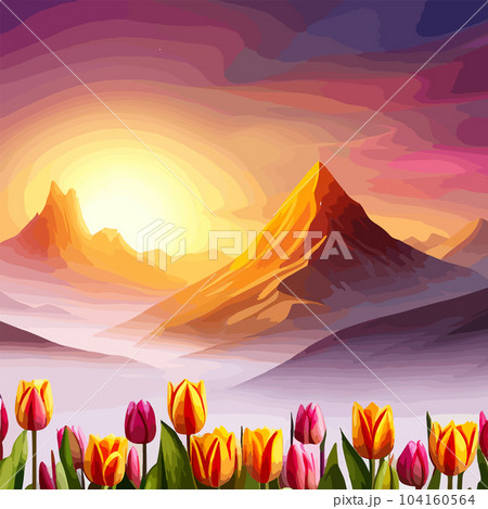 Spring landscape field tulips against backdrop mountains. Huge field colorful tulips, sky with clouds and sunset with sunbeams. Behind field is a mountain range. Spring vector illustration. 104160564