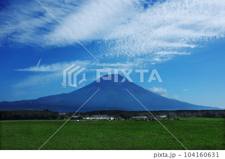 富士山の山頂はやがて雪景色。牧草地の向こうに裾野を広げ、悠然と晩秋の空にそびえる姿は日本の象徴 富士山の山頂はやがて雪景色。牧草地の向こうに裾野を広げ、悠然と晩秋の空にそびえる姿は日本の象徴 104160631