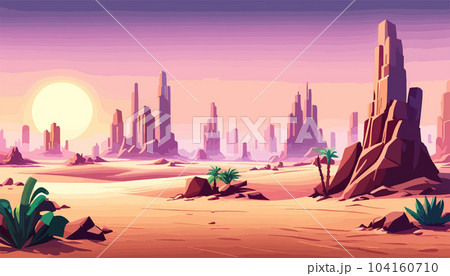 Desert background Summer with sun, sand, clouds, palms Trees Vector design style Nature Landscape. illustration desert oasis with cacti. Cacti flowers coming out of the ground with sand hills banner Desert background Summer with sun, sand, clouds, palms Trees Vector design style Nature Landscape. illustration desert oasis with cacti. Cacti flowers coming out of the ground with sand hills banner 104160710