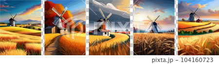 Windmill farm. Wheat field. Agriculture. Flour grinding mechanism. Windmill. Rural Dutch landscape with windmill and wheat field. Vertical format Windmill farm. Wheat field. Agriculture. Flour grinding mechanism. Windmill. Rural Dutch landscape with windmill and wheat field. Vertical format 104160723
