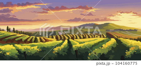 Rural landscape with a beautiful view of distant fields and hills vector illustration Rural landscape with a beautiful view of distant fields and hills vector illustration 104160775