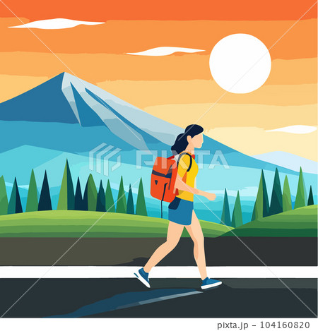 Adventure woman tourist enjoying hiking in mountains with and backpack flat 104160820