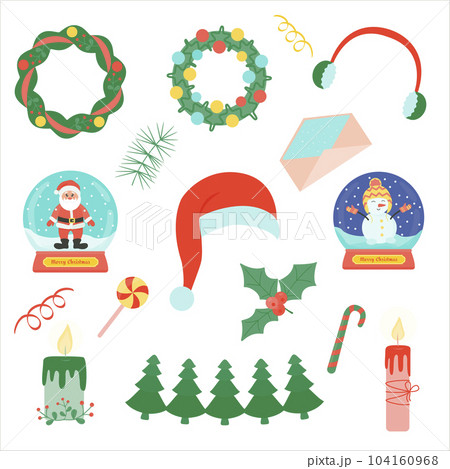 Christmas vector elements in a flat style a Christmas wreath, a snow globe with Santa Claus and a snowman, candles, Santa Claus hat, streamers, candy. For invitations, postcards, decorations. Christmas vector elements in a flat style a Christmas wreath, a snow globe with Santa Claus and a snowman, candles, Santa Claus hat, streamers, candy. For invitations, postcards, decorations. 104160968
