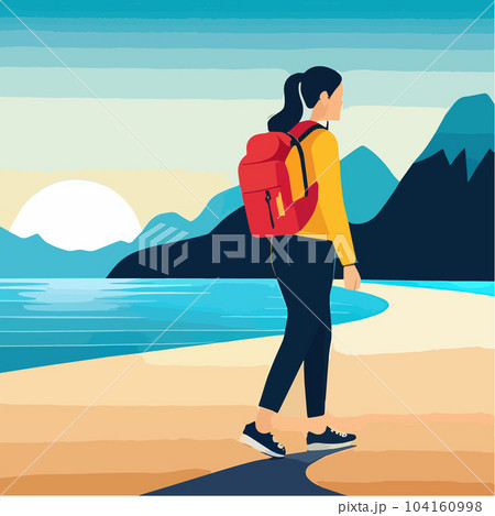 Adventure woman tourist enjoying hiking in mountains with and backpack flat Adventure woman tourist enjoying hiking in mountains with and backpack flat 104160998