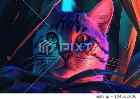 Cat on colorful tropical background. Pop art style in neon colors. Generative AI 104161006