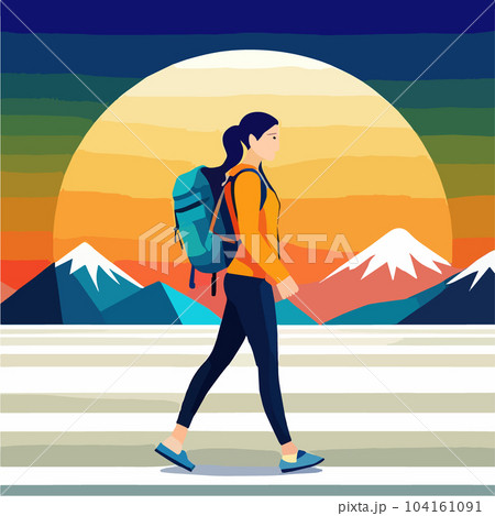 Adventure woman tourist enjoying hiking in mountains with and backpack flat 104161091
