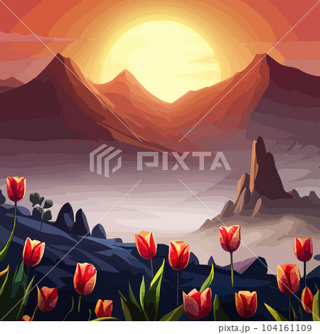 Spring landscape field tulips against backdrop mountains. Huge field colorful tulips, sky with clouds and sunset with sunbeams. Behind field is a mountain range. Spring vector illustration. Spring landscape field tulips against backdrop mountains. Huge field colorful tulips, sky with clouds and sunset with sunbeams. Behind field is a mountain range. Spring vector illustration. 104161109
