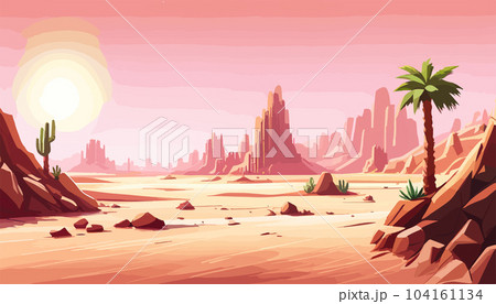 Desert background Summer with sun, sand, clouds, palms Trees Vector design style Nature Landscape. illustration desert oasis with cacti. Cacti flowers coming out of the ground with sand hills banner  Desert background Summer with sun, sand, clouds, palms Trees Vector design style Nature Landscape. illustration desert oasis with cacti. Cacti flowers coming out of the ground with sand hills banner  104161134