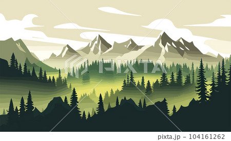 Mountain forests with autumn pines, forest clearing with grassy patches and dreamy cloud cover, beautiful vast untouched spring landscape 104161262
