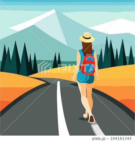 Adventure woman tourist enjoying hiking in mountains with and backpack flat 104161343