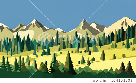 Mountain forests with autumn pines, forest clearing with grassy patches and dreamy cloud cover, beautiful vast untouched spring landscape 104161503