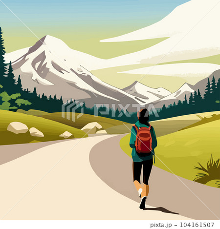 Adventure woman hiker enjoying hiking in mountains with nordic poles backpack flat vector illustration. Woman traveler travels with backpack. Happy tourist girl is ready for adventure. flat vector 104161507