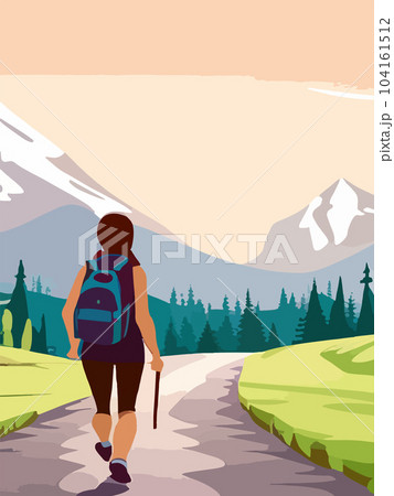 Beautiful design with a sense of travel. A young woman with a backpack inspects the surroundings. Vector vertical illustration on a camping theme. Branding that travels. Beautiful design with a sense of travel. A young woman with a backpack inspects the surroundings. Vector vertical illustration on a camping theme. Branding that travels. 104161512