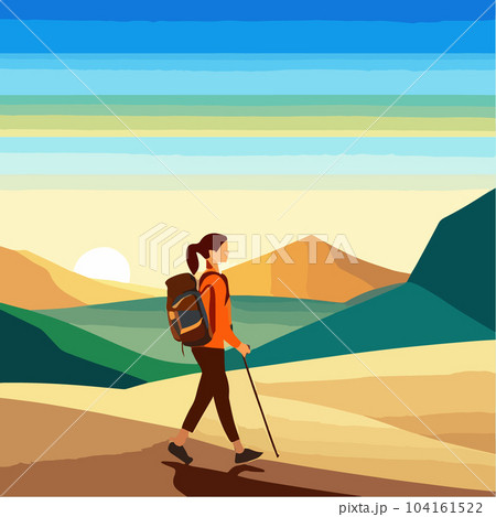 Woman against backdrop mountain looking. Travel concept discovering, exploring 104161522
