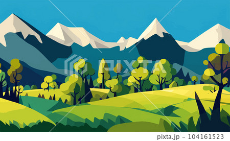 Mountain forests with autumn pines, forest clearing with grassy patches and dreamy cloud cover, beautiful vast untouched spring landscape 104161523