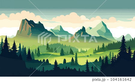 Mountain forests with autumn pines, forest clearing with grassy patches and dreamy cloud cover, beautiful vast untouched spring landscape 104161642