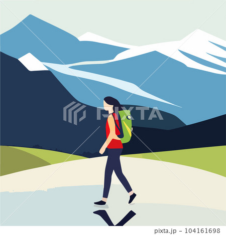 Woman tourist with backpack climbs to top mountain, looks into distance Woman tourist with backpack climbs to top mountain, looks into distance 104161698