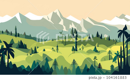 Mountain forests with autumn pines, forest clearing with grassy patches and dreamy cloud cover, beautiful vast untouched spring landscape 104161883