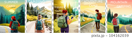 woman with a backpack to travel. illustration vertical poster with text. background illustration. camping with mountains and forest in the background woman with a backpack to travel. illustration vertical poster with text. background illustration. camping with mountains and forest in the background 104162039