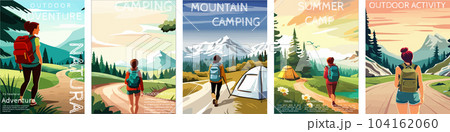 woman with a backpack to travel. illustration vertical poster with text. background illustration. camping with mountains and forest in the background woman with a backpack to travel. illustration vertical poster with text. background illustration. camping with mountains and forest in the background 104162060
