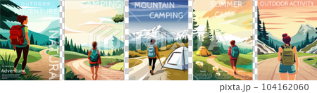 woman with a backpack to travel. illustration vertical poster with text. background illustration. camping with mountains and forest in the background woman with a backpack to travel. illustration vertical poster with text. background illustration. camping with mountains and forest in the background 104162060
