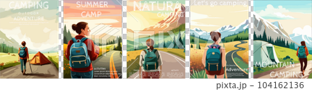 woman with a backpack to travel. illustration vertical poster with text. background illustration. camping with mountains and forest in the background 104162136