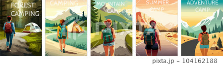 woman with a backpack to travel. illustration vertical poster with text. background illustration. camping with mountains and forest in the background 104162188