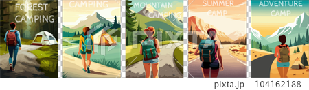 woman with a backpack to travel. illustration vertical poster with text. background illustration. camping with mountains and forest in the background woman with a backpack to travel. illustration vertical poster with text. background illustration. camping with mountains and forest in the background 104162188
