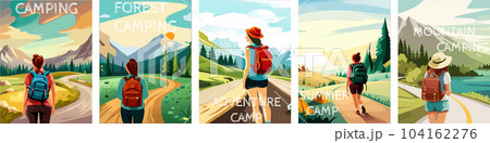 woman with a backpack to travel. illustration vertical poster with text. background illustration. camping with mountains and forest in the background 104162276