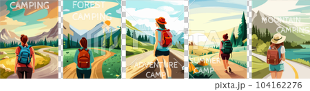 woman with a backpack to travel. illustration vertical poster with text. background illustration. camping with mountains and forest in the background 104162276