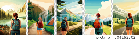 Beautiful design with a sense of travel. A young woman with a backpack inspects the surroundings. vertical illustration on a camping theme. Branding that travels. Beautiful design with a sense of travel. A young woman with a backpack inspects the surroundings. vertical illustration on a camping theme. Branding that travels. 104162302