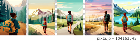 Beautiful design with a sense of travel. A young woman with a backpack inspects the surroundings. vertical illustration on a camping theme. Branding that travels. 104162345