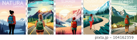 woman with a backpack to travel. illustration vertical poster with text. background illustration. camping with mountains and forest in the background 104162359