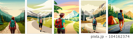Beautiful design with a sense of travel. A young woman with a backpack inspects the surroundings. vertical illustration on a camping theme. Branding that travels. 104162374