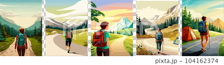 Beautiful design with a sense of travel. A young woman with a backpack inspects the surroundings. vertical illustration on a camping theme. Branding that travels. 104162374