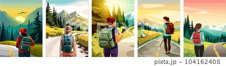 Beautiful design with a sense of travel. A young woman with a backpack inspects the surroundings. vertical illustration on a camping theme. Branding that travels. Beautiful design with a sense of travel. A young woman with a backpack inspects the surroundings. vertical illustration on a camping theme. Branding that travels. 104162408