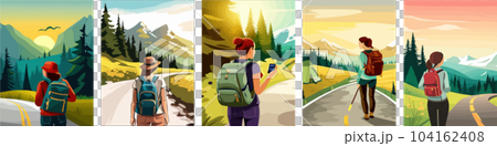 Beautiful design with a sense of travel. A young woman with a backpack inspects the surroundings. vertical illustration on a camping theme. Branding that travels. Beautiful design with a sense of travel. A young woman with a backpack inspects the surroundings. vertical illustration on a camping theme. Branding that travels. 104162408